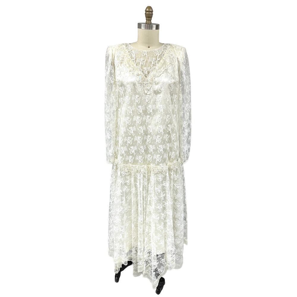 Vintage 80s Scott Mcclintock Ivory Lace Dress Wedding Sz 16W Dropped waist 20s